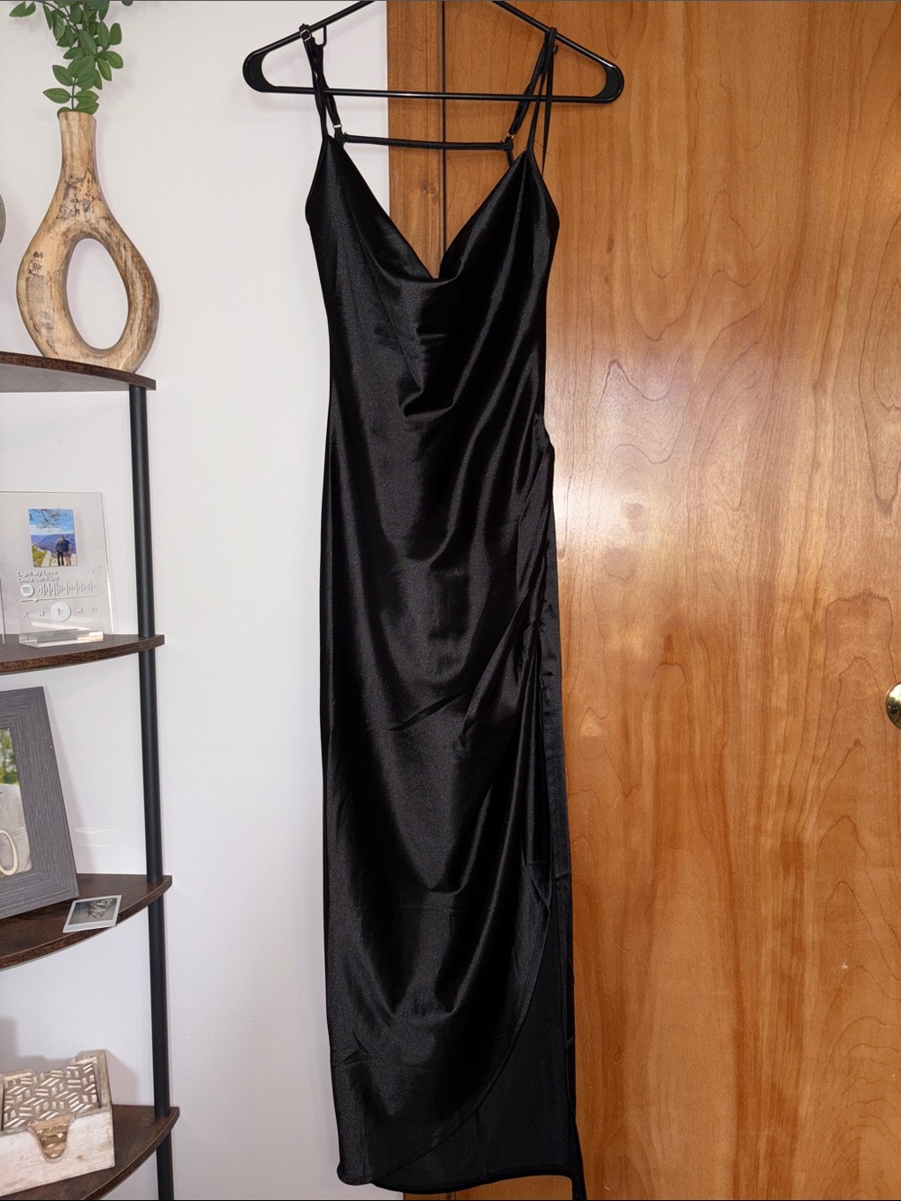 Black Satin Cowl Slip Maxi Dress
